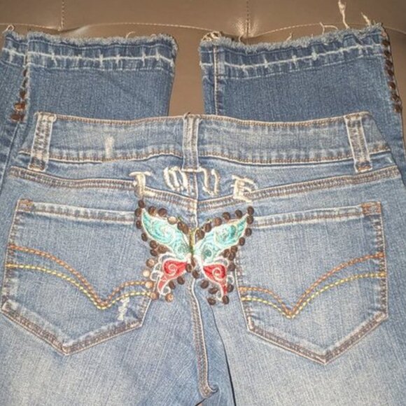 Younique Vintage Retro Bootcut Boot Leg Raw Hem CutOff Butterfly Love Jeans Pant - Picture 1 of 10